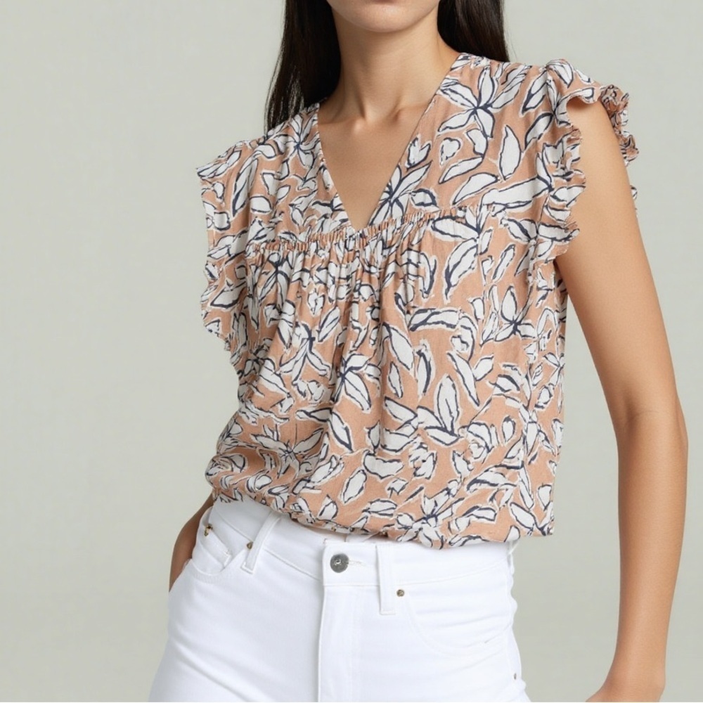 LOFT Floral Ruffle Sleeve V-Neck Top Sm